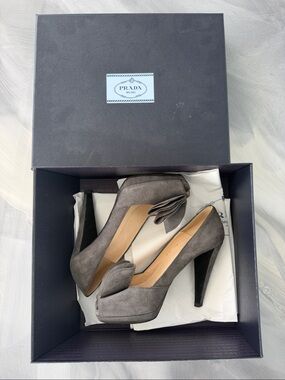 Prada Gray Suede Peep-Toe Heels with Sculpted Bow